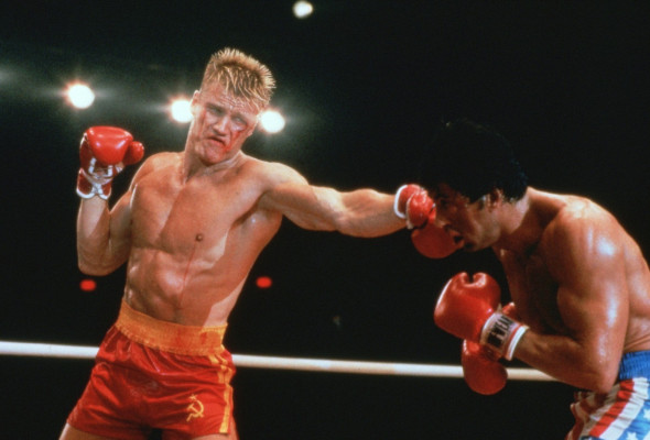 Dolph Lundgren și Sylvester Stallone, în Rocky IV