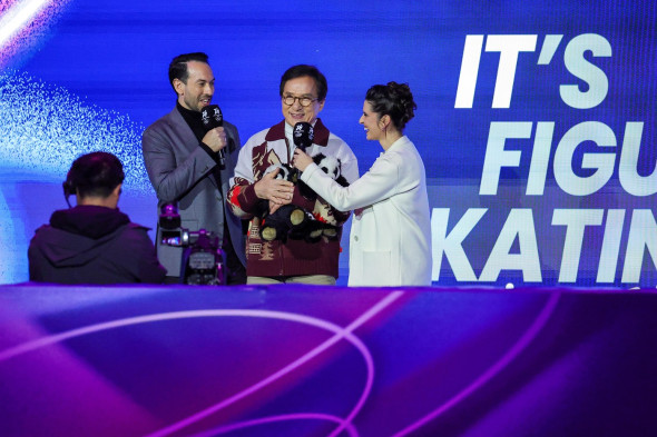 Jackie Chan appears at figure skating gala during Milan Winter Olympics