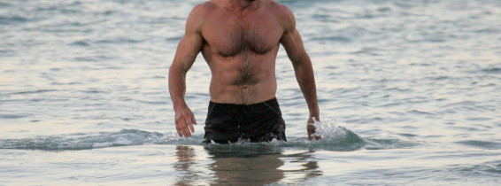 **RESTRICTIONS APPLY**Hugh Jackman takes an early morning swim on a brisk Winter's day at Bondi Beach