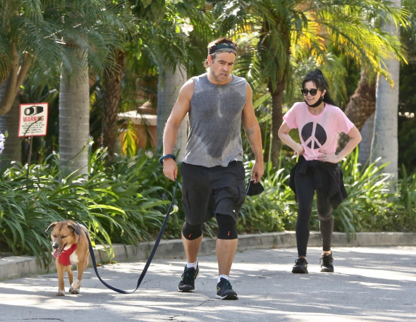 Colin Farrell walks his dog with his sister Claudine Farrell