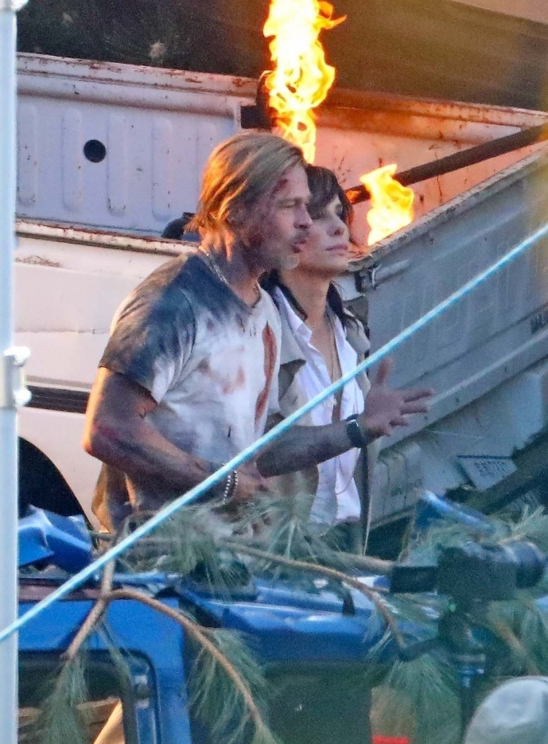 *EXCLUSIVE* **WEB EMBARGO UNTIL 3/6/21 AT 1PM EST** Brad Pitt and Sandra Bullock continue filming "Bullet Train'' in LA - ** WEB MUST CALL FOR PRICING **