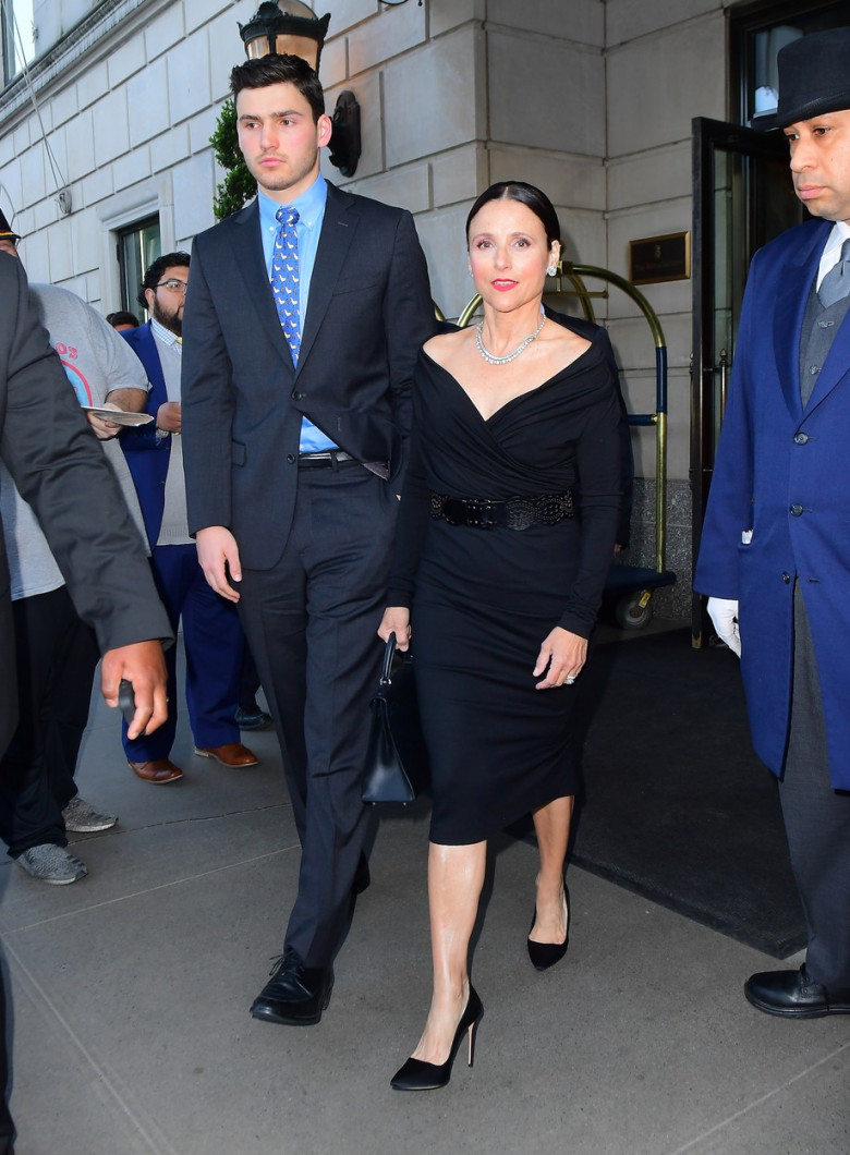 Julia Louis Dreyfus Looks Sophisticated in Low-cut Black Dress as she Steps out in NYC with her VERY Tall Son