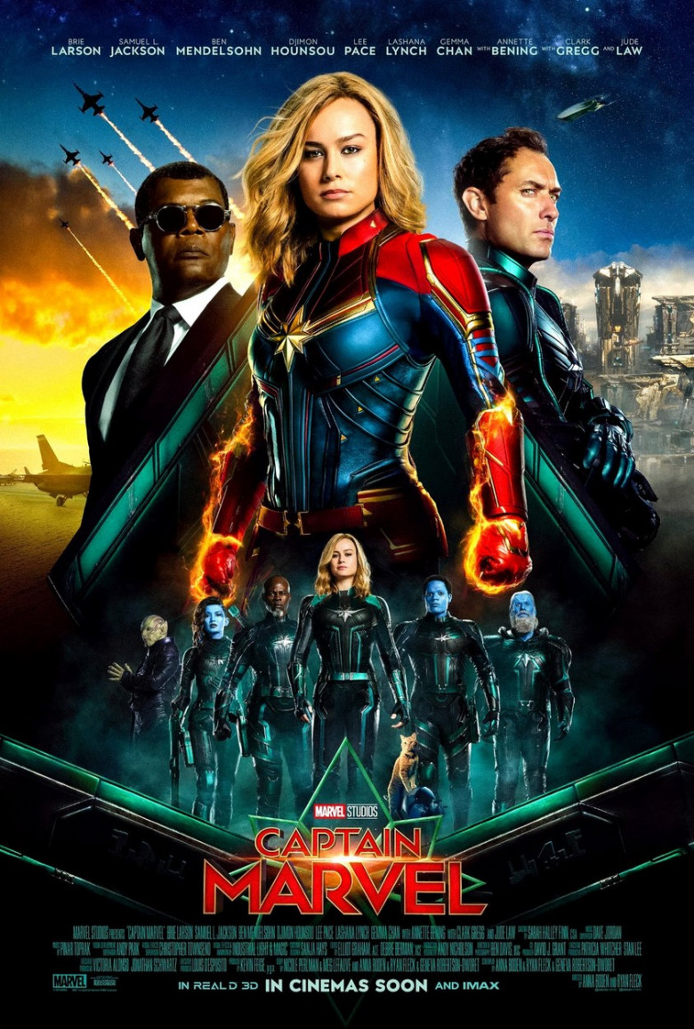 Captain Marvel (2019) directed by Anna Boden and Ryan Fleck and starring Brie Larson, Gemma Chan, Jude Law and Samuel L. Jackson.
