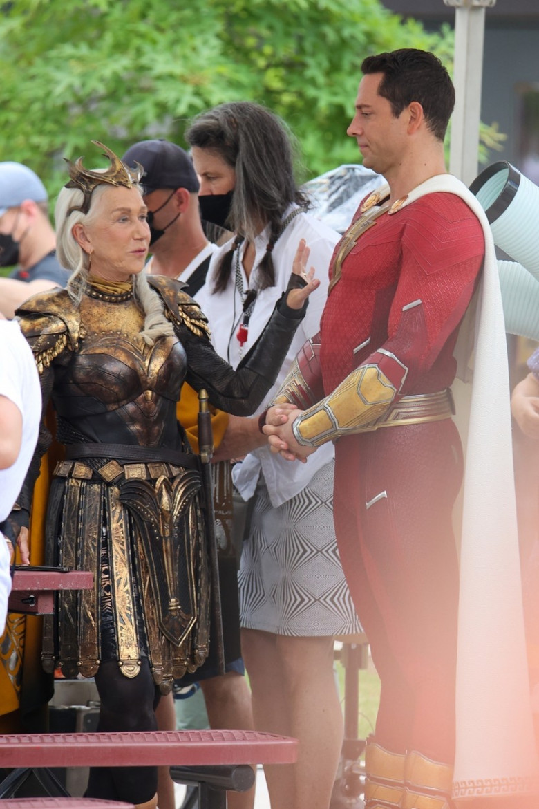 *EXCLUSIVE*  Helen Mirren is seen for the first time as villain Hespera alongside Zachary Levi as they film "Shazam: Fury of the Gods"