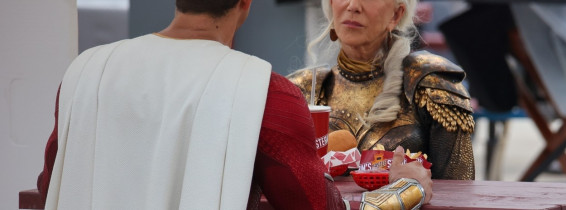 *EXCLUSIVE*  Helen Mirren is seen for the first time as villain Hespera alongside Zachary Levi as they film "Shazam: Fury of the Gods"
