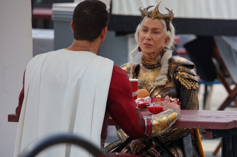 *EXCLUSIVE*  Helen Mirren is seen for the first time as villain Hespera alongside Zachary Levi as they film "Shazam: Fury of the Gods"