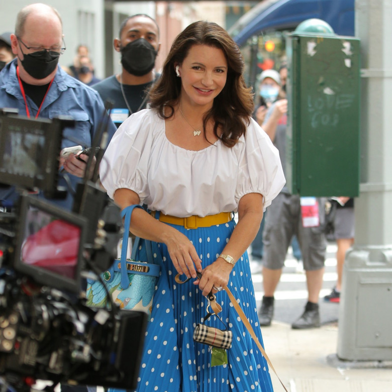 Kristen Davis films a scene with a bulldog for 'And Just Like That' in New York City