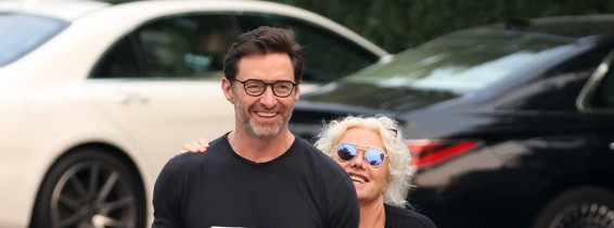 EXCLUSIVE: Hugh Jackman Is All Smiles While Picking Up Pizza With Wife Deborra-Lee Furness In The Hamptons.