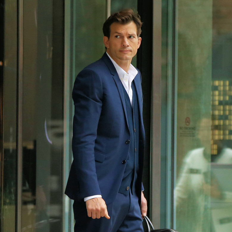 Ashton Kutcher looks sharp in a blue suit while filming 'Your Place or Mine' in Brooklyn