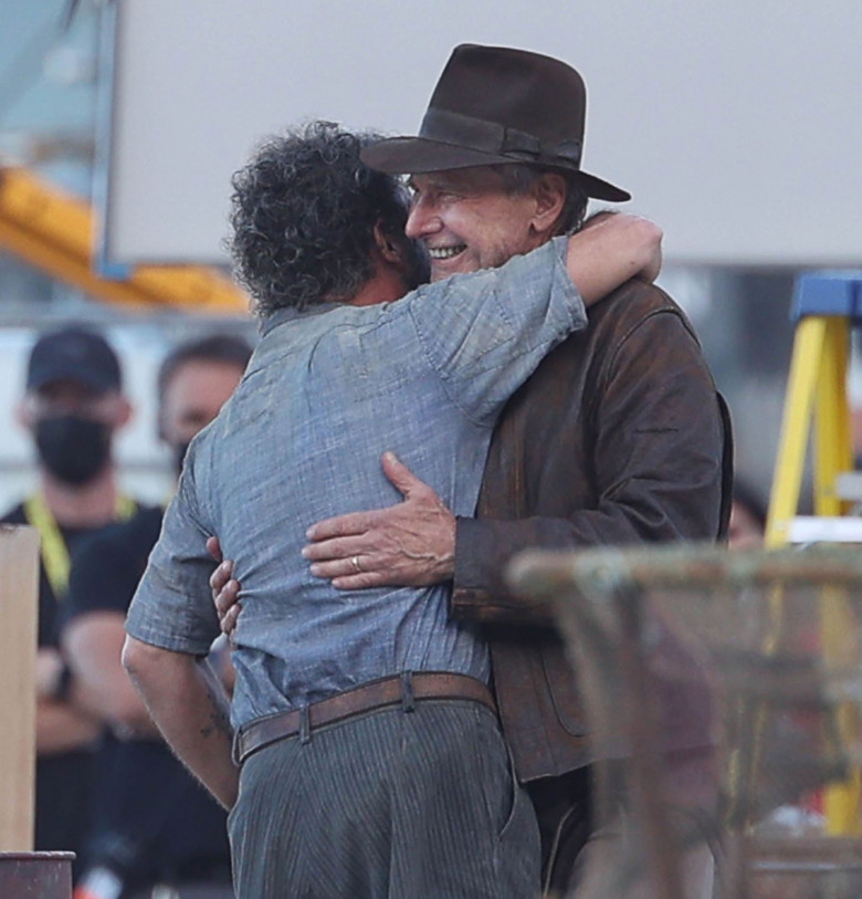 Harrison Ford and Antonio Banderas with the cast and crew on set, filming the new Indiana Jones 5 movie in Sicily, Italy.