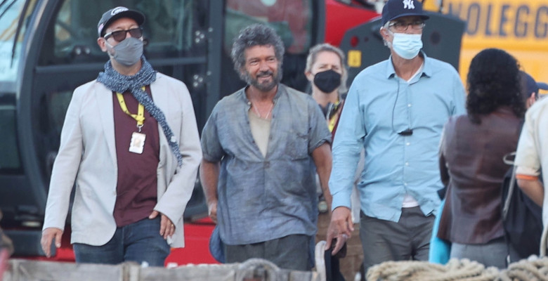 Harrison Ford and Antonio Banderas with the cast and crew on set, filming the new Indiana Jones 5 movie in Sicily, Italy.