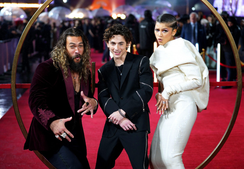 Jason Momoa (left), Timothee Chalamet and Zendaya attend a special screening of Dune at the Odeon Leicester Square in London. Picture date: Monday October 18, 2021.