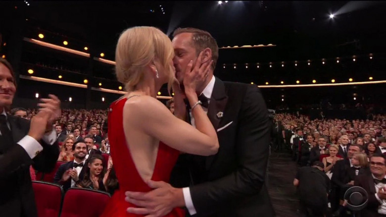 Alexander Skarsgard gets kiss from Nicole Kidman before thanking his mother for giving birth to him as he accepts his Emmy Award