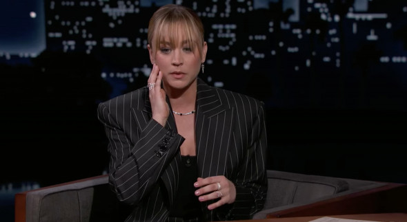 Kaley Cuoco jokes about Sharon Stone slapping her three times while filming The Flight Attendant, as she appears on Jimmy Kimmel Live!