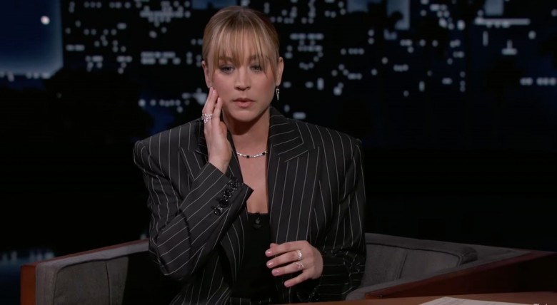 Kaley Cuoco jokes about Sharon Stone slapping her three times while filming The Flight Attendant, as she appears on Jimmy Kimmel Live!