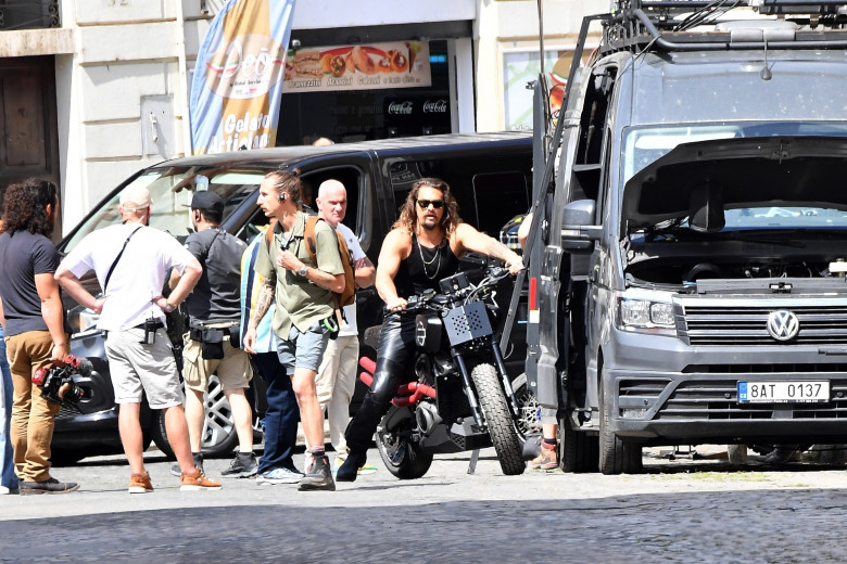 Hollywood star Jason Momoa rides a motorcycle on the set of Fast&amp;Furious 10 in Rome