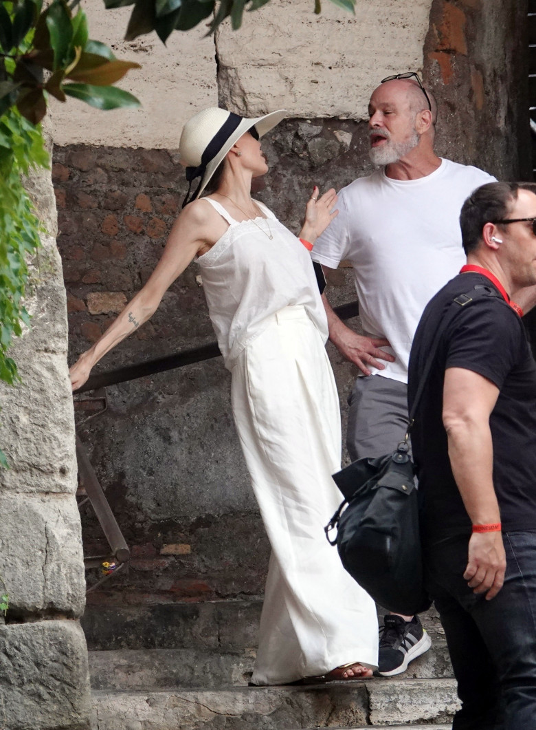 *EXCLUSIVE* The American Actress Angelina Jolie was spotted out on set with Salma Hayek directing her new movie 'Without Blood' in the eternal city of Rome.