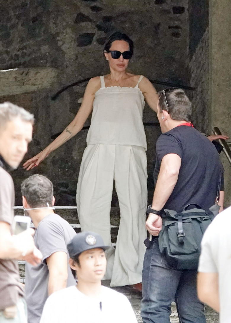 *EXCLUSIVE* The American Actress Angelina Jolie was spotted out on set with Salma Hayek directing her new movie 'Without Blood' in the eternal city of Rome.