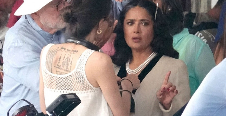 *EXCLUSIVE* Hollywood Actresses Angelina Jolie and Salma Hayek on the set of their new movie 'Without Blood' in Rome.