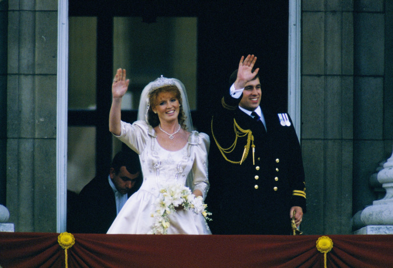 Royal wedding of Prince Andrew Sarah Ferguson  waving to public from balcony at Buckingham Palace