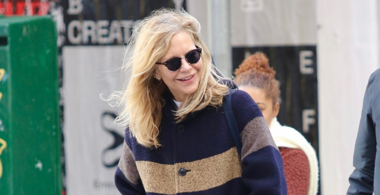 *EXCLUSIVE* Actress Meg Ryan is bundled up and all smiles during a cold windy day in NYC