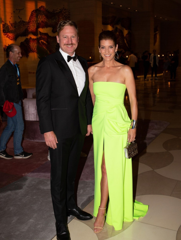 *EXCLUSIVE* Kate Walsh stuns in Lime green dress alongside fiance Andrew Nixon enroute to Telethon gala