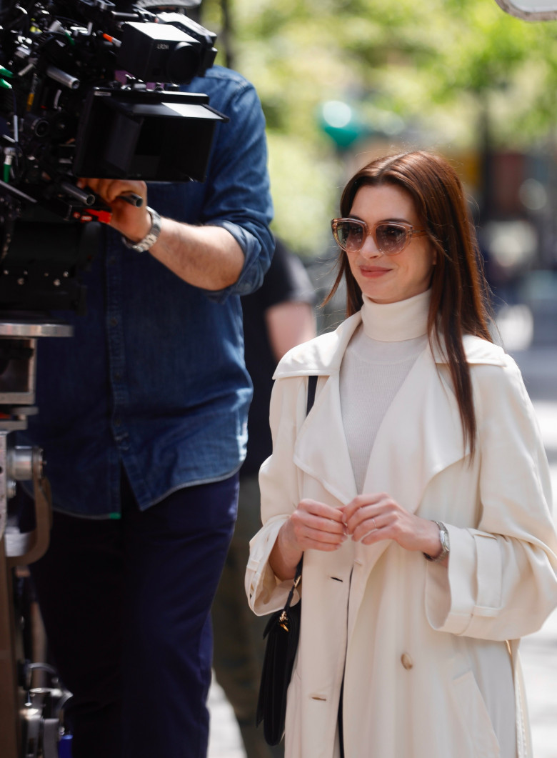 Anne Hathaway is seen on the set of she Came To Me in NYC