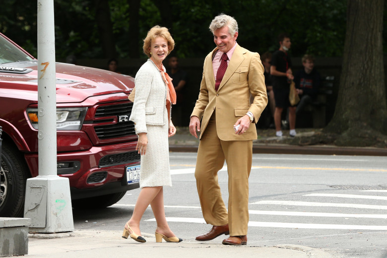 Bradley Cooper and Carey Mulligan enjoy a laugh on the set of 'Maestro' filming on the Upper West Side in New York City