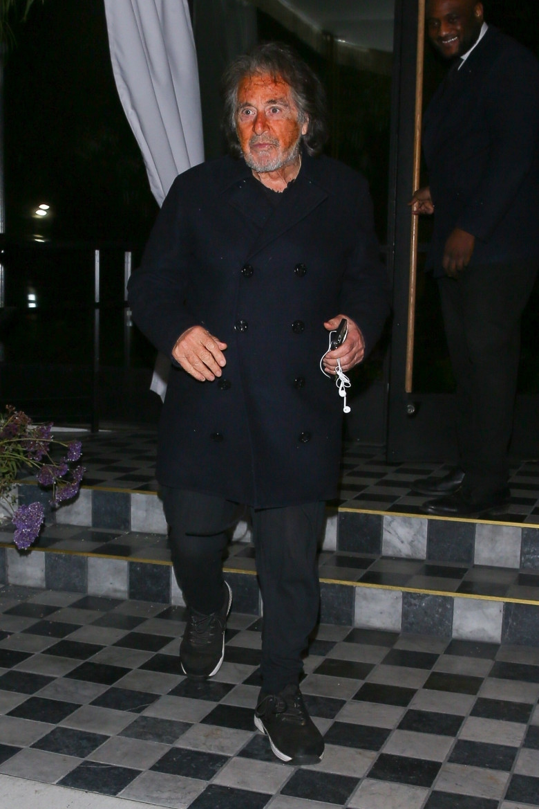 *EXCLUSIVE* Al Pacino and girlfriend Noor Alfallah follow behind Leonardo DiCaprio leaving Bird Street restaurant