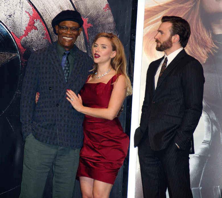 Samuel L. Jackson, Scarlett Johansson and Chris Evans attends the 'Captain America: The Winter Soldier' UK Premiere