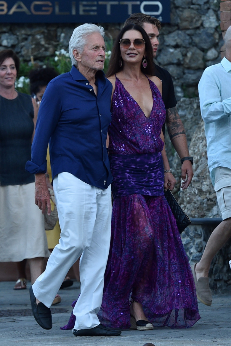 Catherine Zeta-Jones with her husband Michael Douglas and friends at the "Taverna del Marinaio" in Portofino