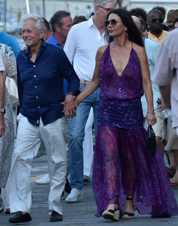 Catherine Zeta-Jones with her husband Michael Douglas and friends at the "Taverna del Marinaio" in Portofino