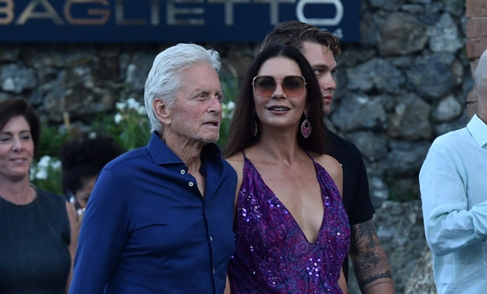 Catherine Zeta-Jones with her husband Michael Douglas and friends at the "Taverna del Marinaio" in Portofino