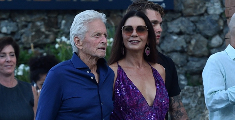 Catherine Zeta-Jones with her husband Michael Douglas and friends at the "Taverna del Marinaio" in Portofino