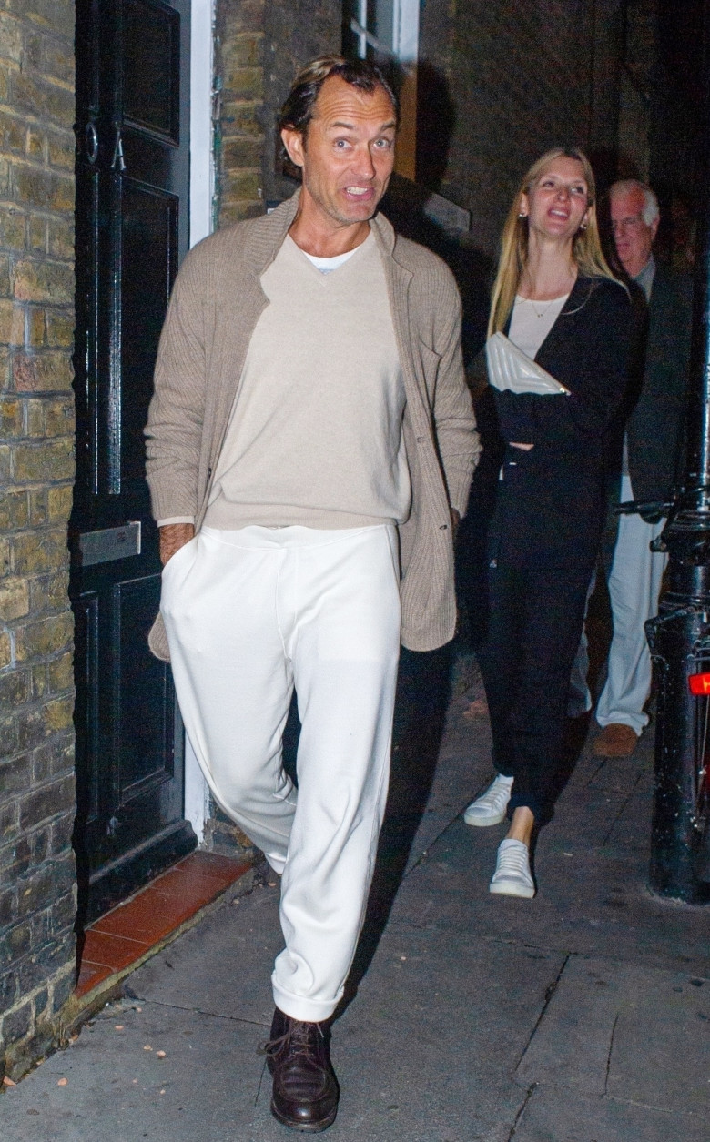 *EXCLUSIVE* Jude Law along with his wife Phillipa Coan and father in-law are all smiles after a drink at the Soho hotel