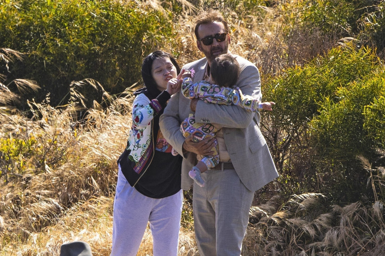 *EXCLUSIVE* Nicolas Cage's wife Riko Shibata and baby visit him on set!