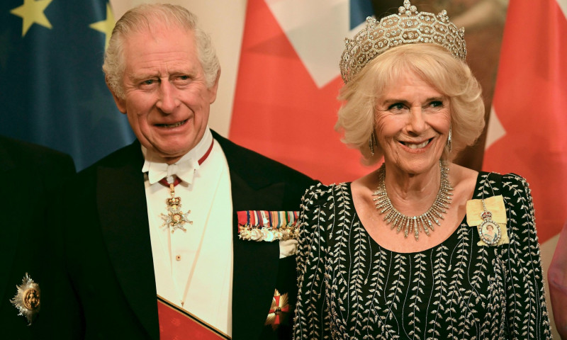 Berlin, Germany. 29th Mar, 2023. King Charles III and royal wife Camilla arrive for a state banquet at Bellevue Palace, the official residence of the German president. Before his coronation in May 2023, the British king and the royal wife will visit Germa