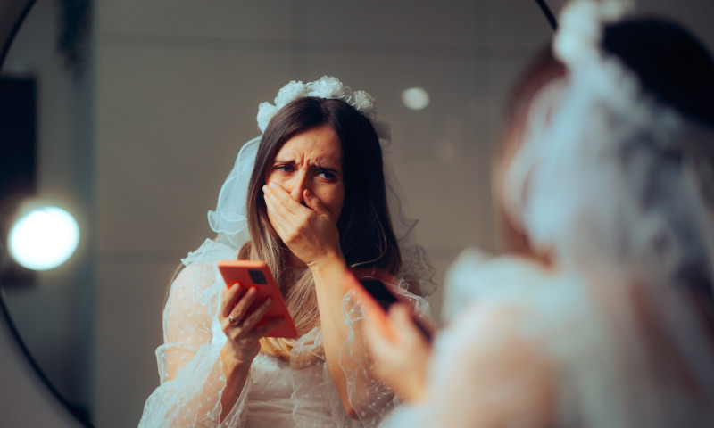 Unhappy,Crying,Bride,Reading,Text,Messages,Feeling,Betrayed,Stressed,Newlywed