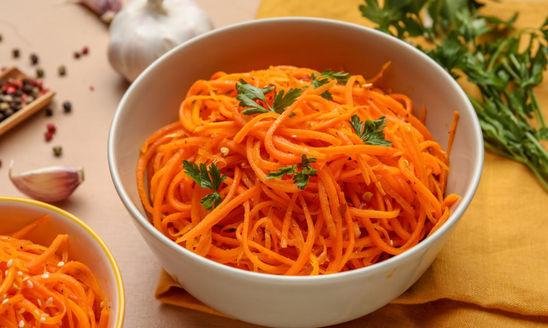 Bowl,Of,Aromatic,Korean,Carrot,Salad,On,Table,,Closeup
