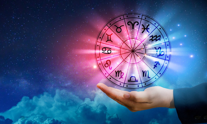 Zodiac signs inside of horoscope circle. Astrology in the sky with many stars and moons astrology and horoscopes concept