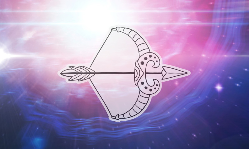 Illustration of black and white sagittarius zodiac star sign over stars on pink to purple background