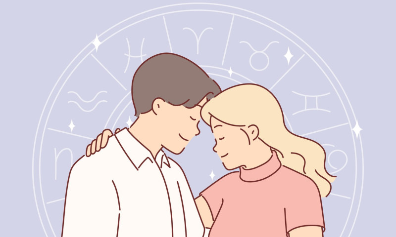 Romantic couple and horoscope wheel symbolizing full compatibility man and woman with zodiac signs