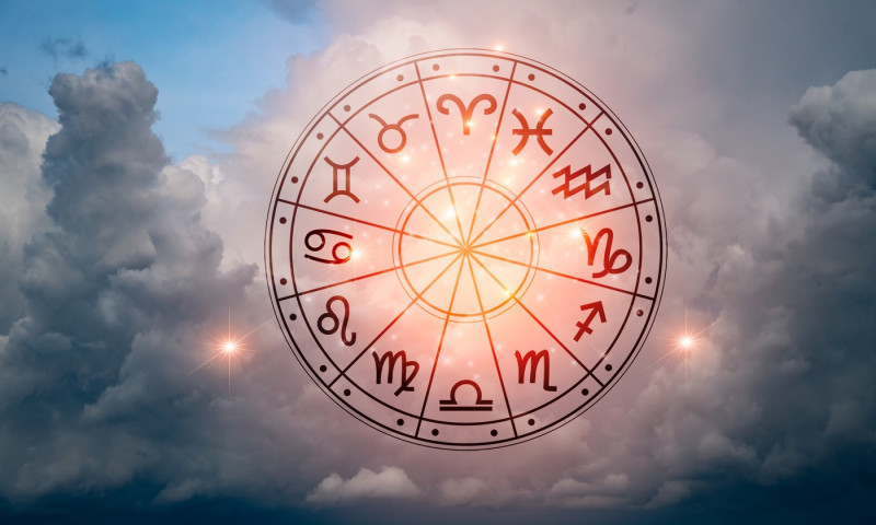 Zodiac signs inside of horoscope circle. Astrology in the sky with many stars and moons astrology and horoscopes concept