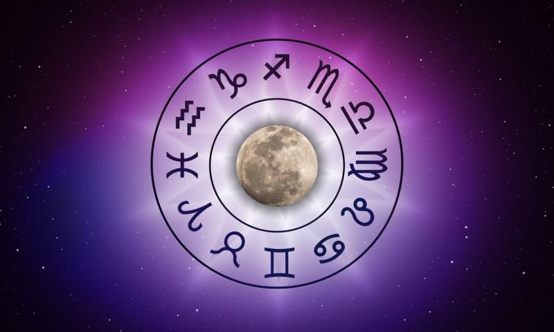 Astrological zodiac signs inside of horoscope circle on universe background