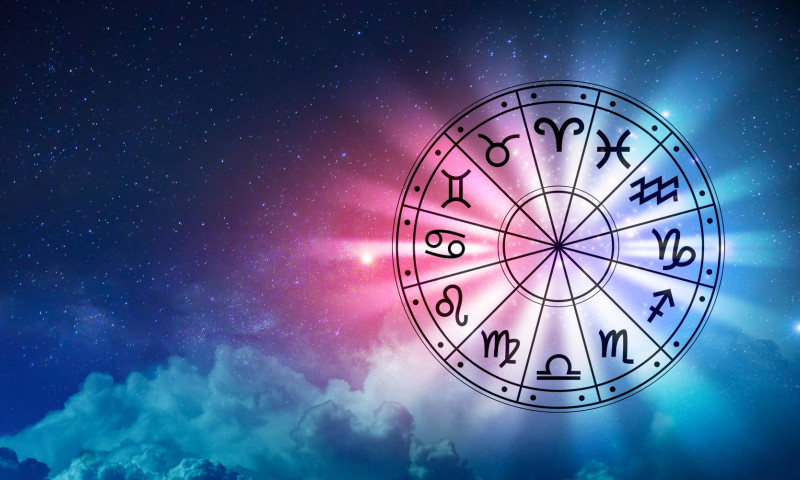 Zodiac signs inside of horoscope circle. Astrology in the sky with many stars and moons astrology and horoscopes concept