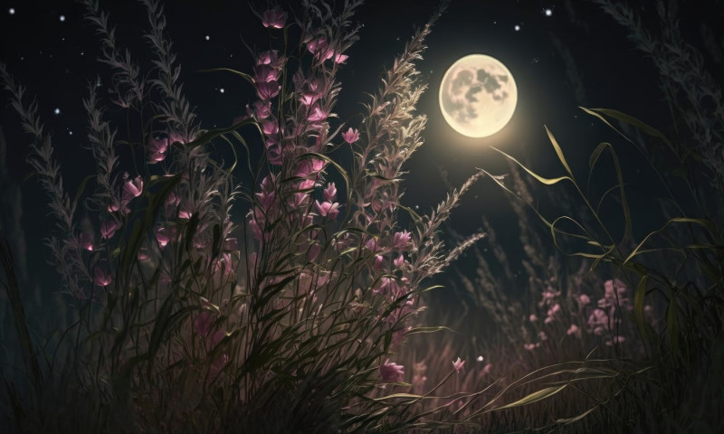 Night landscape with wild flowers and full moon