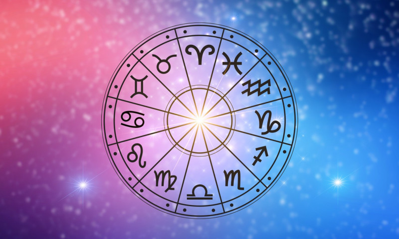 Zodiac signs inside of horoscope circle. Astrology in the sky with many stars and moons astrology and horoscopes concept