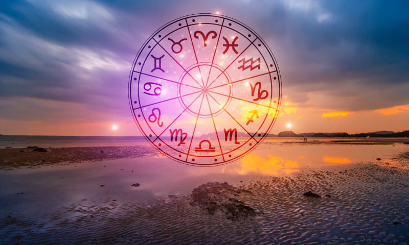 Zodiac signs inside of horoscope circle. Astrology in the sky with many stars and moons astrology and horoscopes concept