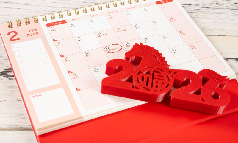 Feb 2026 calendar with the Chinese New Year of the Horse highlighted translation of the Chinese characters are first month of the lunar year