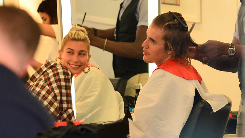 Justin Bieber and Hailey Baldwin all smiles hanging inside salon together while he gets hair cut in New York